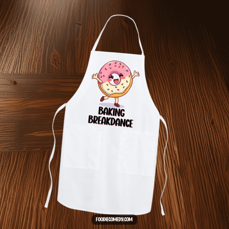 Funny Donut Apron: A kitchen apron showing a happy donut breakdancing with sprinkles, bringing cheer to cooking and baking.