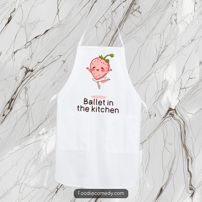 Funny Strawberry Ballet Apron: A stylish apron featuring a strawberry dressed as a ballerina, perfect for a graceful kitchen.