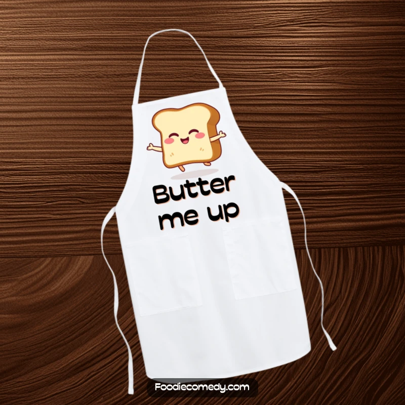 Funny apron showing a giggling slice of toast doing a happy little shuffle, ideal for adding humor to cooking.