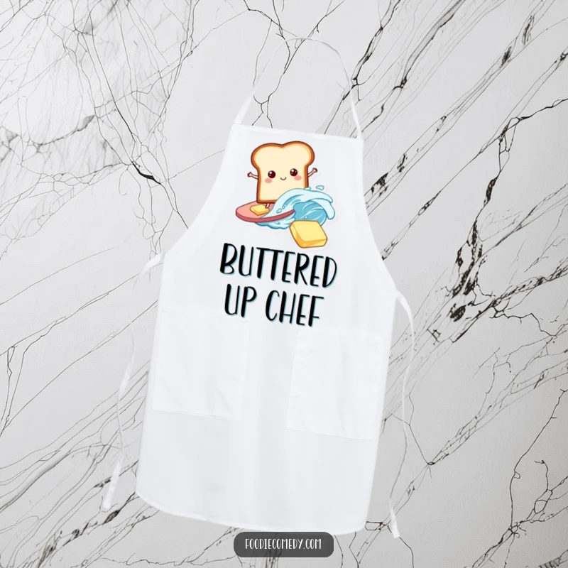 Funny Bread Apron: A playful bread slice surfing on a butter wave, perfect for humorous breakfast cooking.