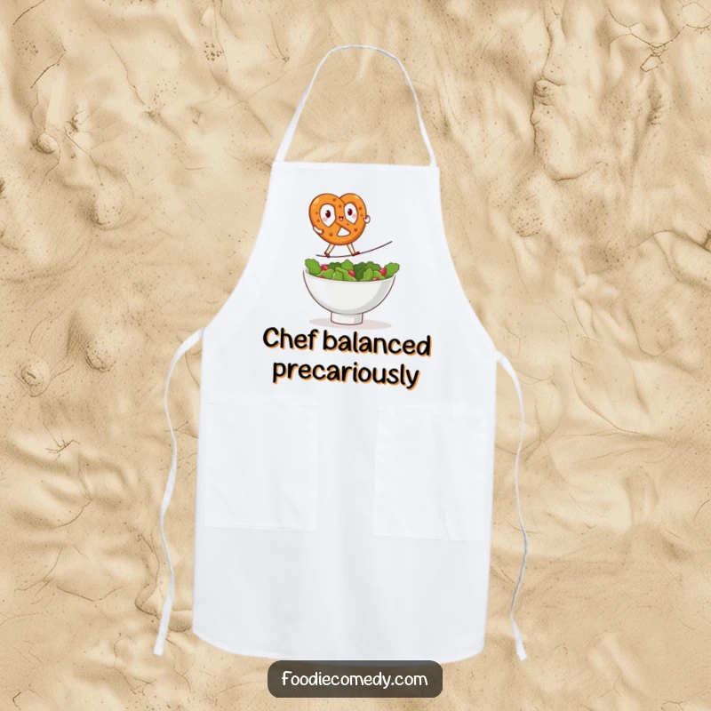 Funny kawaii pretzel apron, cooking attire with a brave pretzel doing a tightrope walk over a salad bowl, food humor, cute baking accessory, perfect funny gift for cooks.