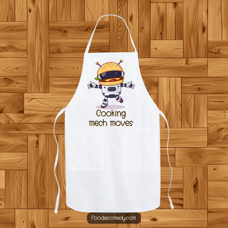 Funny burger character doing a robotic dance on an apron, making kitchen duties a fun and humorous performance.