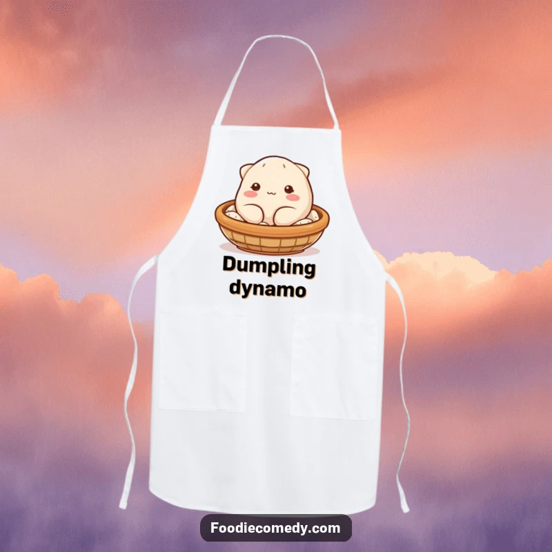 Funny dumpling apron showing a blushing, plump character winking from a steaming basket, ideal for chefs who enjoy a humorous touch.