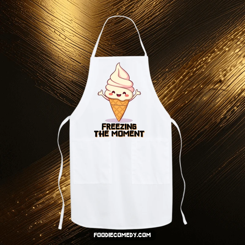 Funny apron featuring a happy ice cream cone character doing a lively boogie dance, ready for kitchen adventures.