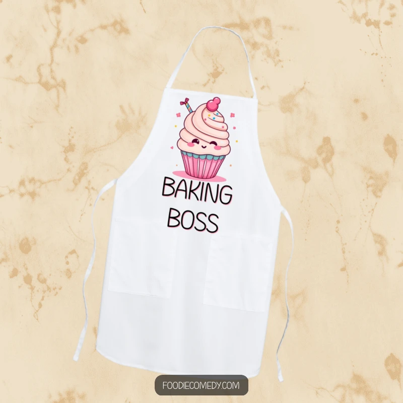 Funny Cupcake Party Apron: A kawaii cupcake character humorously blowing a party favor, designed for festive kitchen fun.