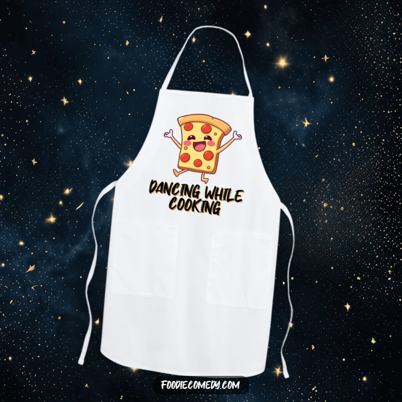 Funny apron featuring a pizza slice with legs kicking joyfully, perfect for adding energetic humor and protection in the kitchen.