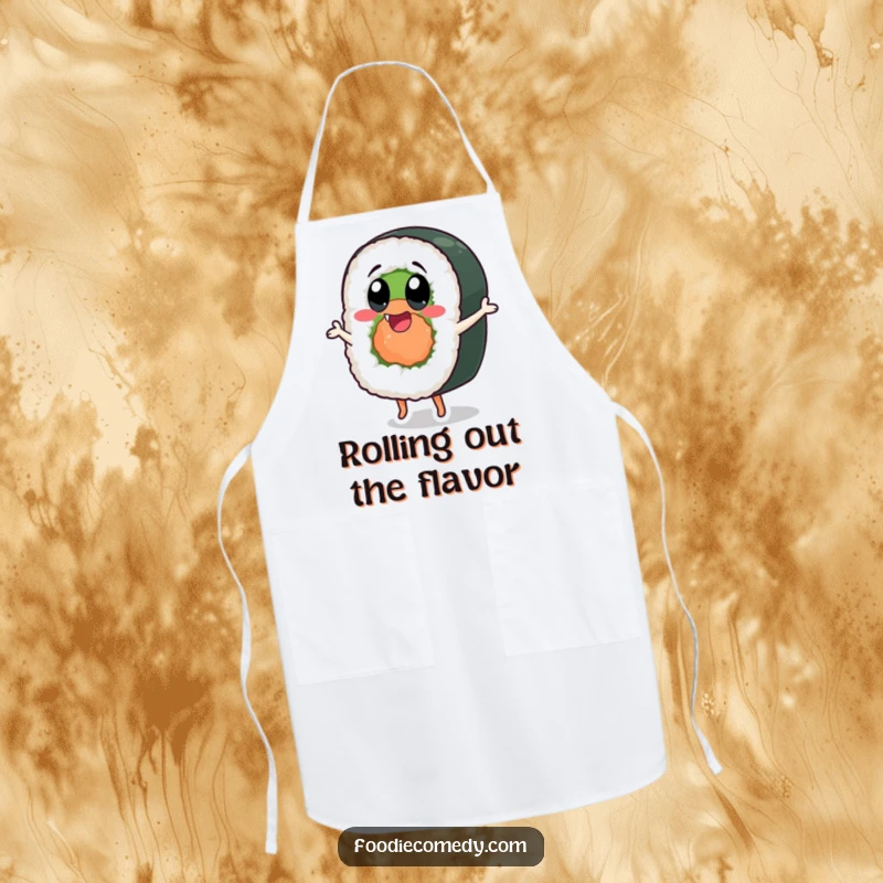 Funny sushi roll apron with exaggerated happy eyes, designed for joyful cooking and kitchen fun.
