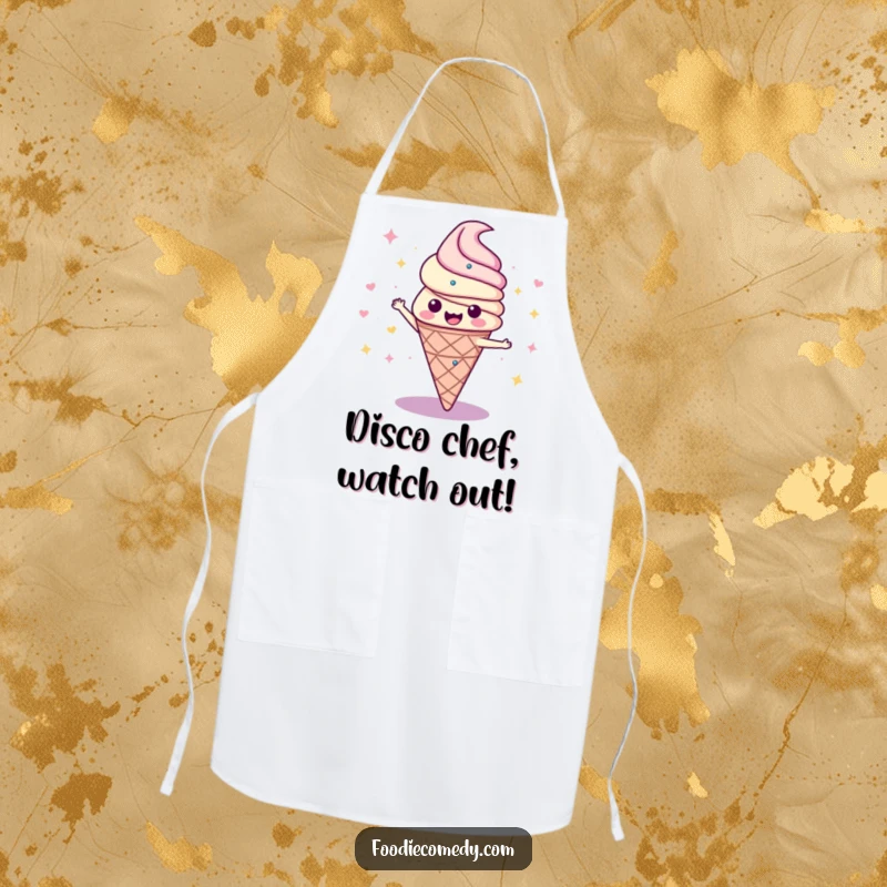 Funny cooking apron with a graphic of a joyful ice cream cone in a disco spin, perfect for a fun and clean culinary experience.