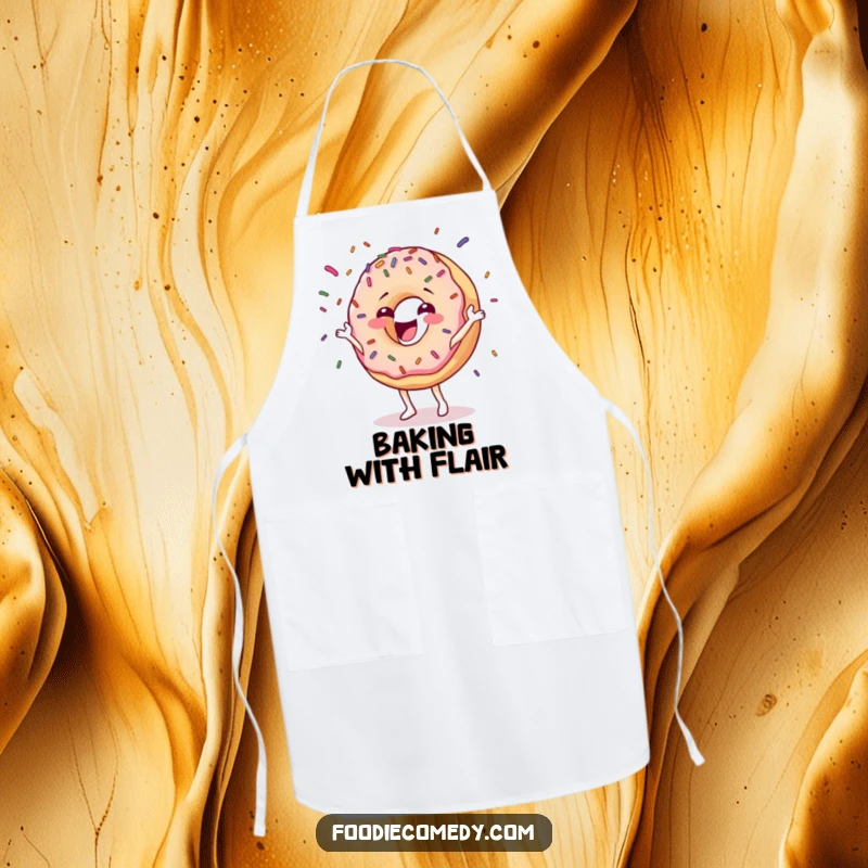 Funny donut apron designed for bakers, featuring a happy character gleefully juggling colorful sprinkles, ready for kitchen duty.