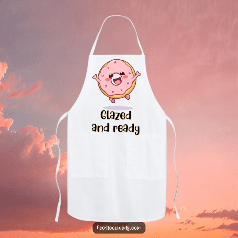 Funny apron featuring a gleeful donut character performing a fun jump, perfect for the playful baker.