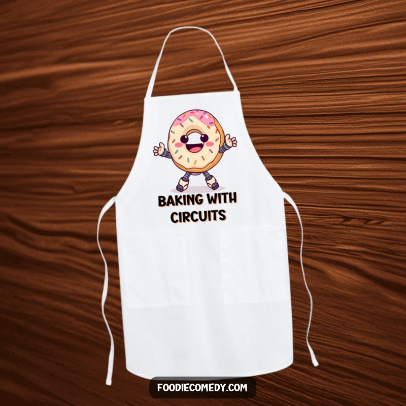 Funny donut apron, happy with sprinkles, doing a groovy robot dance, for kitchen fun and dance-themed baking.