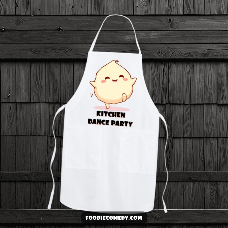 Funny dumpling apron, depicting a cute cartoon dumpling with legs doing a happy kick, perfect for kitchen fun.