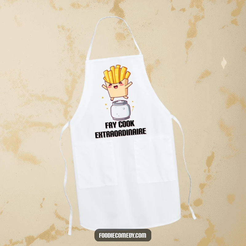 Funny French Fry Leap Apron: A kawaii french fry character in a humorous mid-air leap over a salt shaker, for kitchen fun.