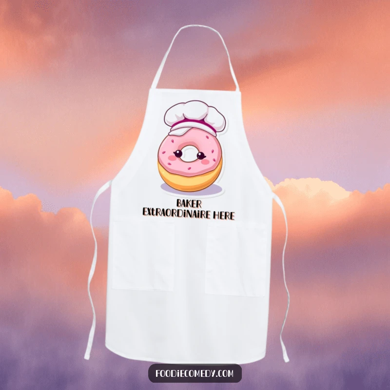 Funny apron with a kawaii donut character in a baking hat, covered in frosting, ideal for kitchen fun.