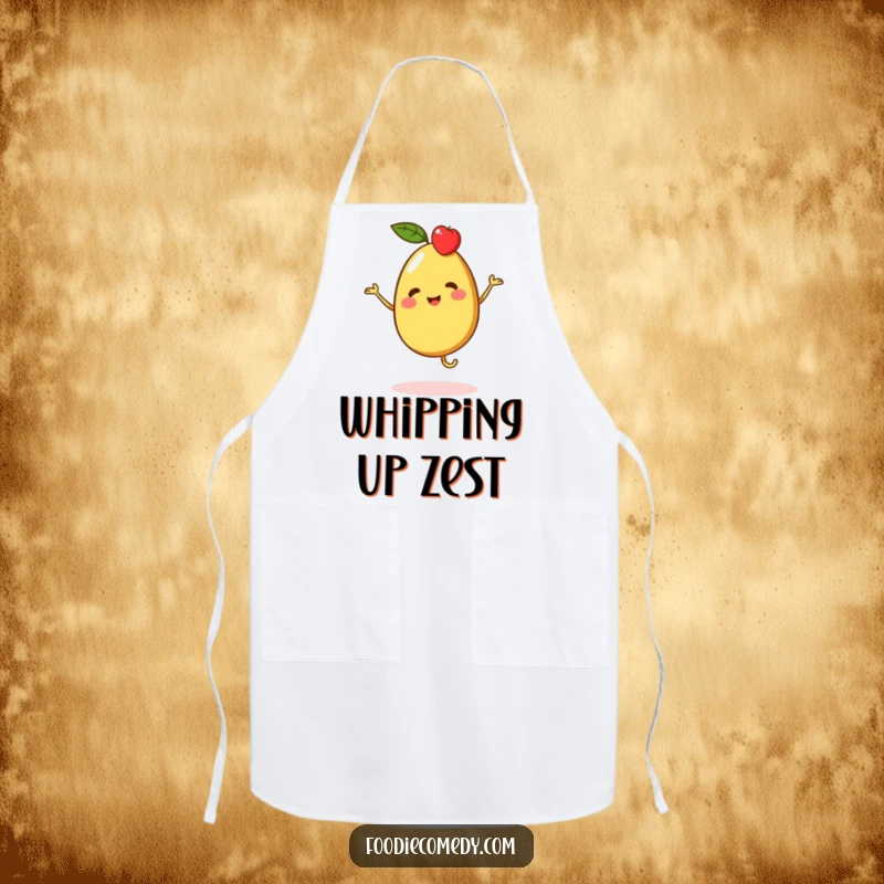 Funny apron featuring a vibrant piece of fruit character doing a merry jig, perfect for the playful chef.