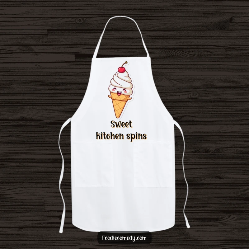 Funny giggling ice cream cone apron for baking, a spinning dessert ready for kitchen fun.