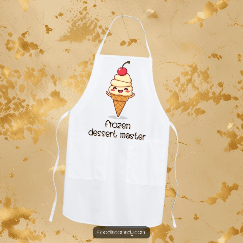 Funny ice cream cone apron, a giggling character with a cherry on top, spinning gleefully, perfect for kitchen fun.