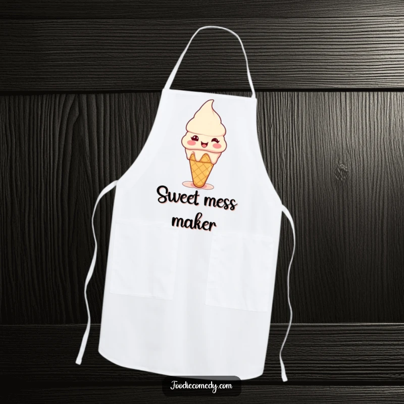 Funny ice cream cone apron showing a tiny happy cone melting slightly with pure joy, perfect for sweet-themed baking.