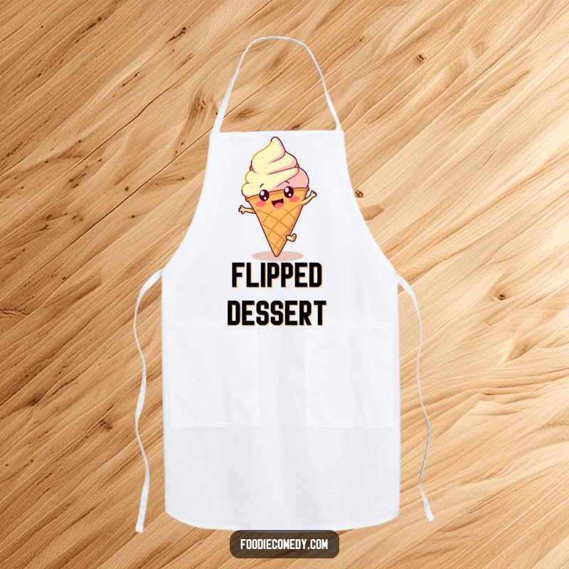 Funny ice cream apron showing a happy, round cone with bright eyes doing a cartwheel, ideal for kitchen fun and sweet treats.