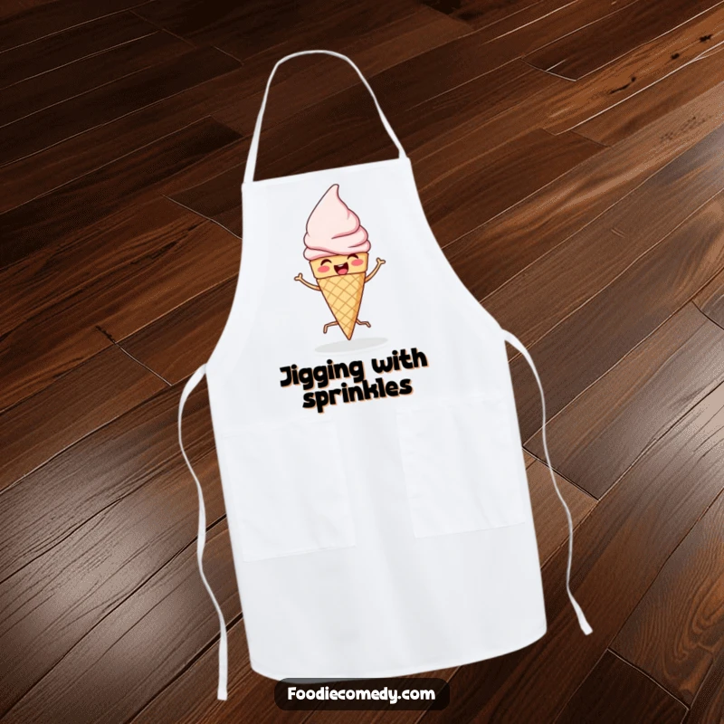 Funny apron featuring an ice cream cone doing a lively jig, making cooking or serving desserts a humorous and delightful experience.
