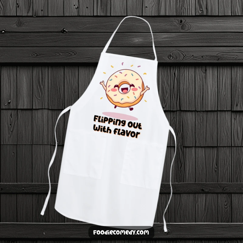 Funny apron showing a happy donut leaping with sprinkles, ideal for adding fun to baking.