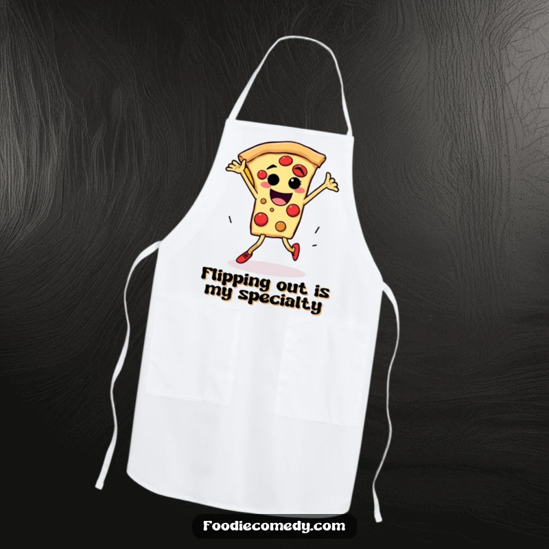 Funny pizza breakdance apron graphic of a pizza slice character with legs performing an energetic breakdance spin while cooking.