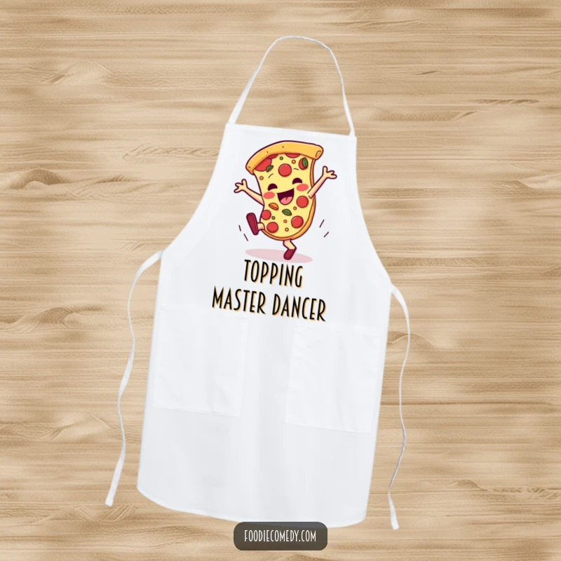 Funny pizza apron, a slice breakdancing with toppings, for kitchen fun and dance-themed cooking.