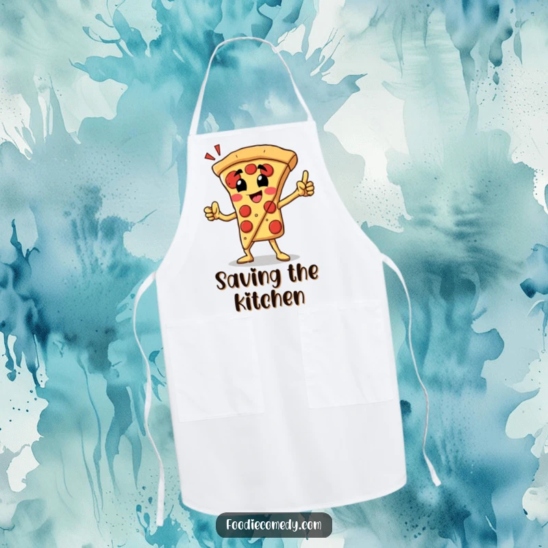 Funny pizza slice apron with a proud character striking a heroic pose, perfect for kitchen fun and culinary bravery.