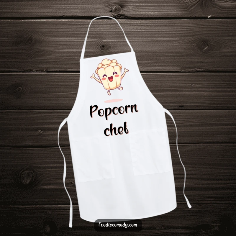 Funny apron showing an excited popcorn kernel doing a playful leap, ideal for adding energetic humor to cooking.