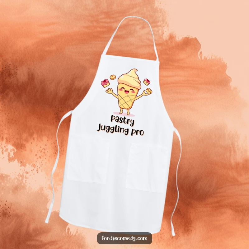 Funny smiling scone character joyfully juggling small pastries on a functional apron, ideal for baking with a humorous touch.