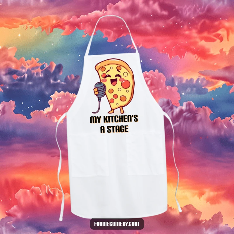 Funny cooking apron with a graphic of a pizza slice holding a microphone, ready to perform a delicious culinary masterpiece.