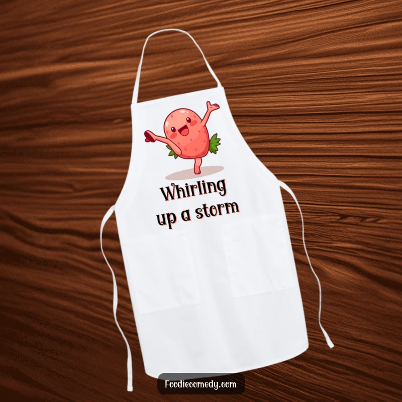 Funny apron designed with a strawberry character in a cartwheel pose, adding a splash of vibrant humor to kitchen activities. Great for funny culinary gifts.