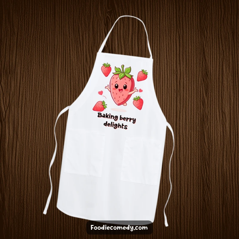 Funny Strawberry Apron: A strawberry character twirls with excitement, perfect for kitchen sweetness.