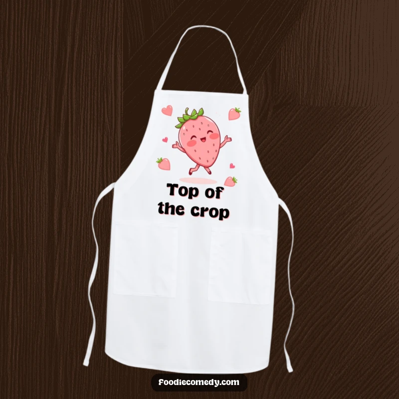 Funny apron showing a blushing strawberry doing a whimsical waltz, ideal for adding sweet humor to cooking.
