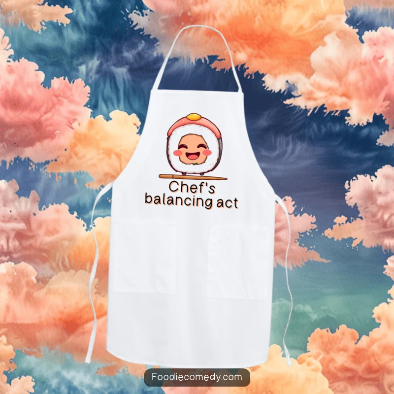 Funny Sushi Apron: A kitchen apron showing a grinning sushi slice balancing on a chopstick, bringing cheer to cooking and baking.
