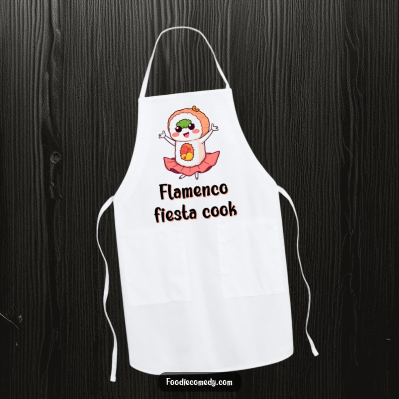 Funny sushi apron showing a sushi roll in a flamboyant flamenco pose, perfect for cooking and flair.