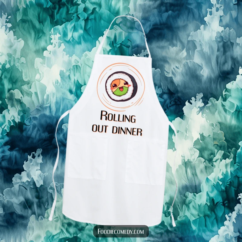 Funny sushi roll apron, happy sushi roll spinning, cute and functional kitchen wear.