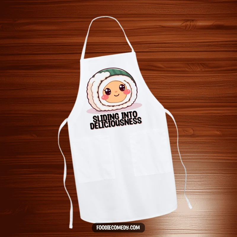 Funny sushi roll apron graphic of a happy sushi character with open eyes sliding playfully on a floor, ready to cook.