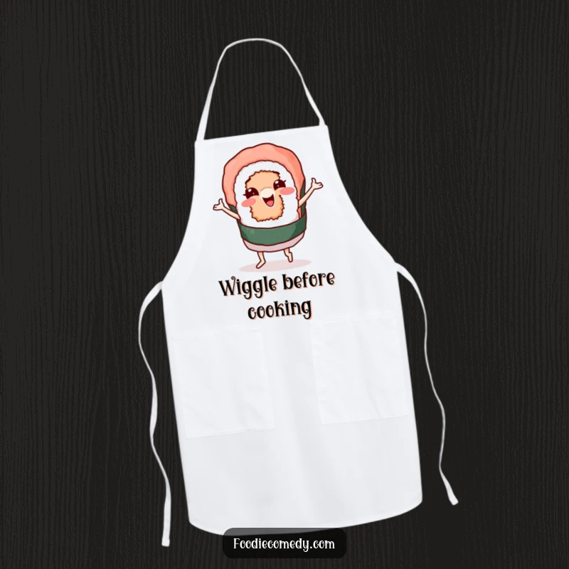 Funny apron designed with a sushi roll character wiggling and dancing, bringing a playful and humorous touch to cooking and dining. An ideal funny kitchen gift.
