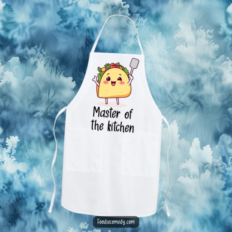 Funny taco apron designed for cooks, featuring a smiling taco with tiny legs and a spatula, ready for kitchen duty.