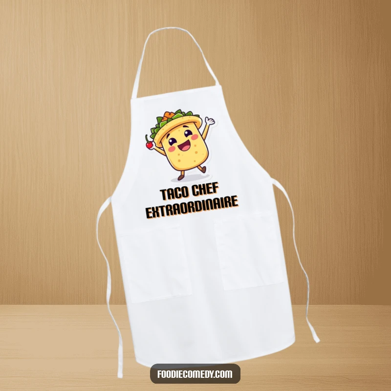 Funny Apron: A taco character performs a lively jig with a chili pepper while cooking, adding humor to kitchen duties.