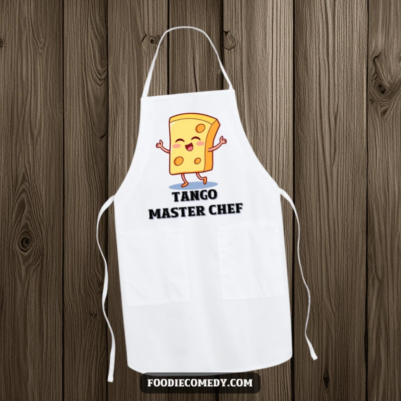 Funny apron showcasing a winking cheese slice performing a lively tango, adding humor to kitchen tasks.