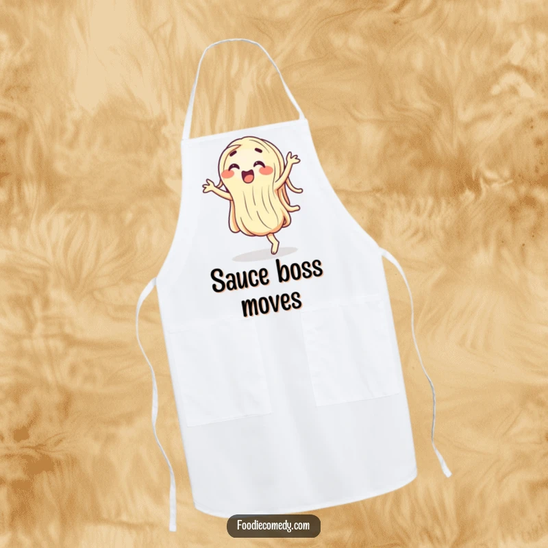 Funny wiggling noodle apron, a cartoon pasta character doing a silly, energetic dance, perfect for kitchen antics.