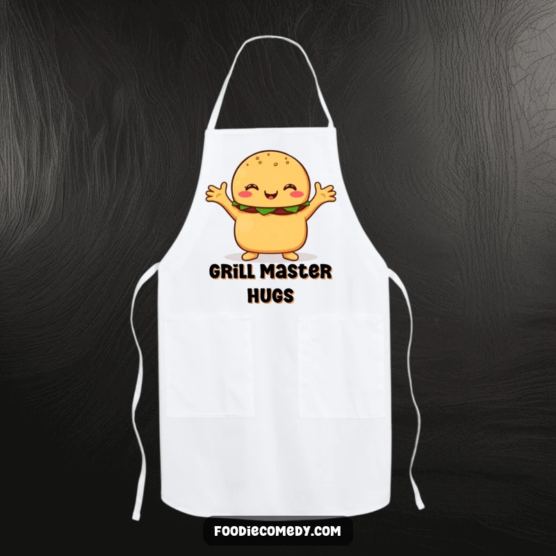 Funny burger apron, a happy burger character with outstretched arms, ready to embrace culinary adventures.