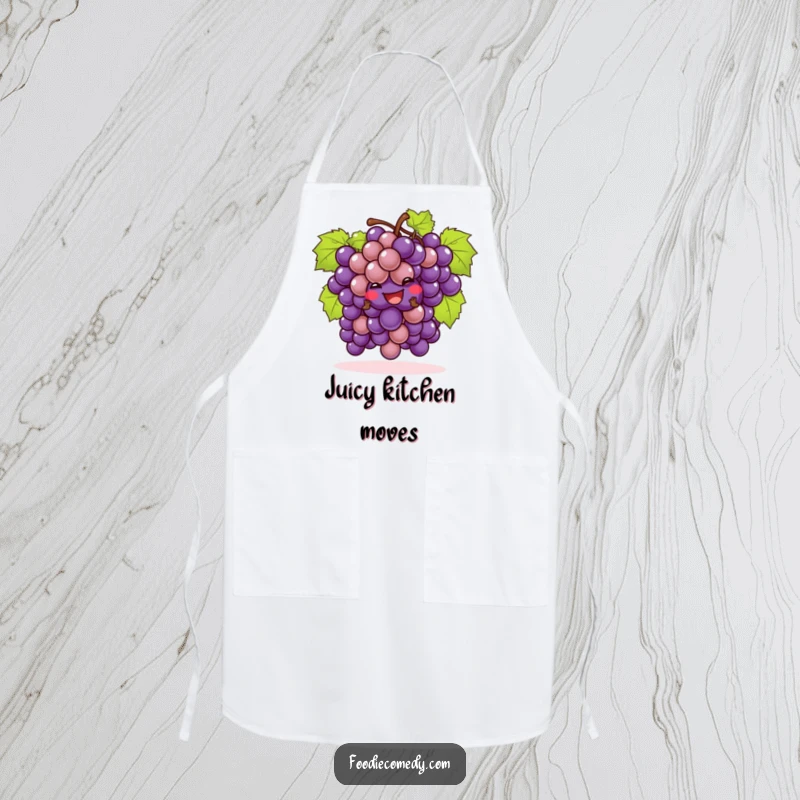 Funny bunch of grapes apron performing a playful cha-cha, adding a touch of fruity fun to culinary tasks.