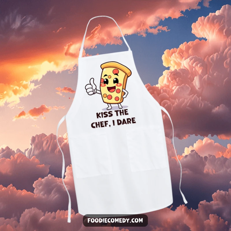 Funny pizza slice apron with a happy character, cheesy grin, and thumbs-up, designed for cooking fun.