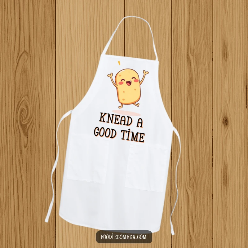 Funny apron showcasing an energetic bread roll performing a jig, adding humor and cheer to kitchen activities.