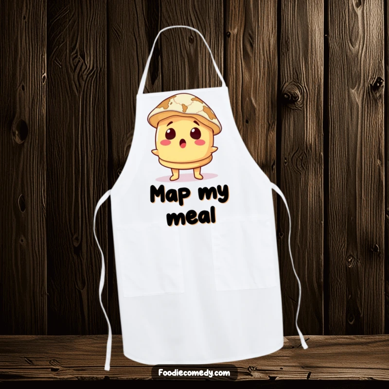 Funny Apron: A pancake character looks surprised wearing a map as a hat, providing kitchen protection with a humorous twist.
