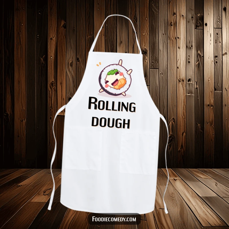 Funny Sushi Somersault Apron showing a roll doing a playful somersault, ideal for cooking and kitchen antics.