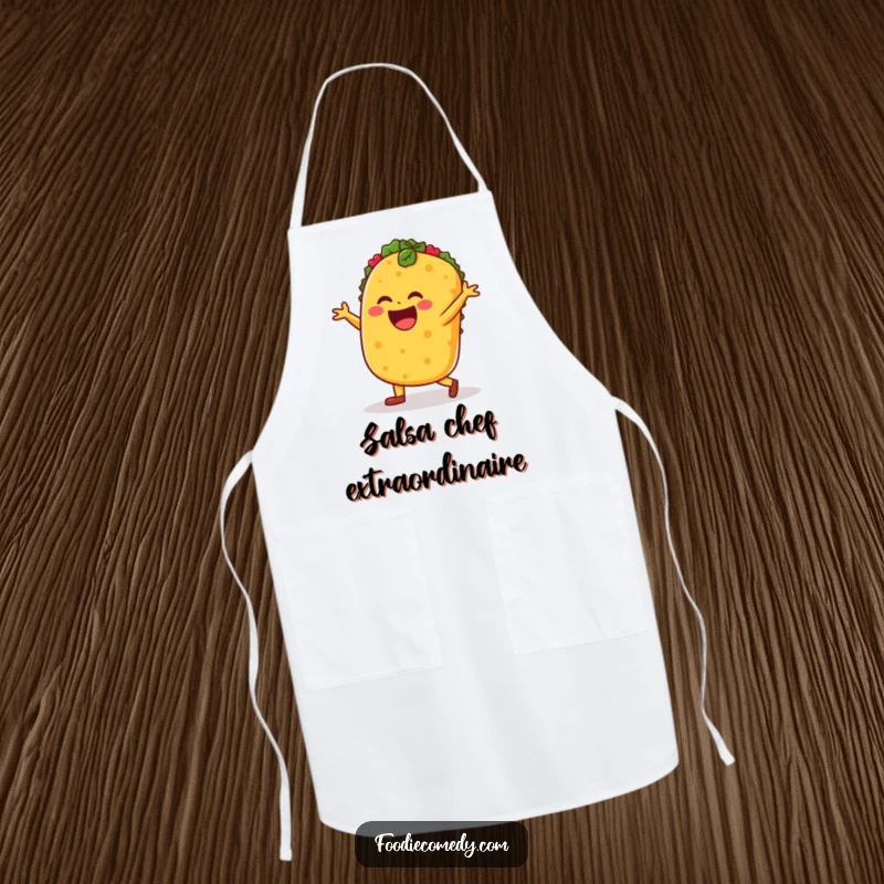 Funny taco salsa dance apron, taco character dancing, festive and protective kitchen wear.